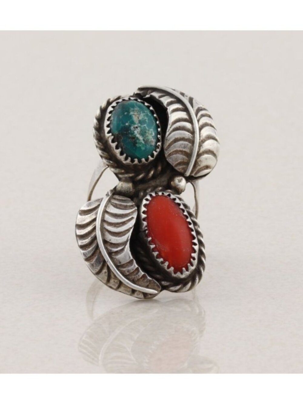 Sterling Silver Turquoise and Coral Leaf Design Ring Size 7
